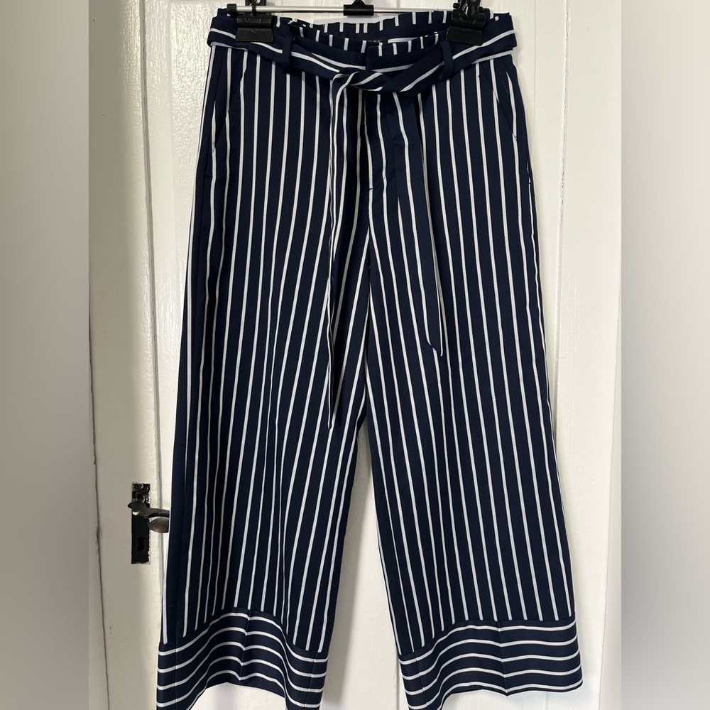 Banana Republic Blake Striped Wide Leg Navy Belted Pants Sz 6 - Picture 2 of 10
